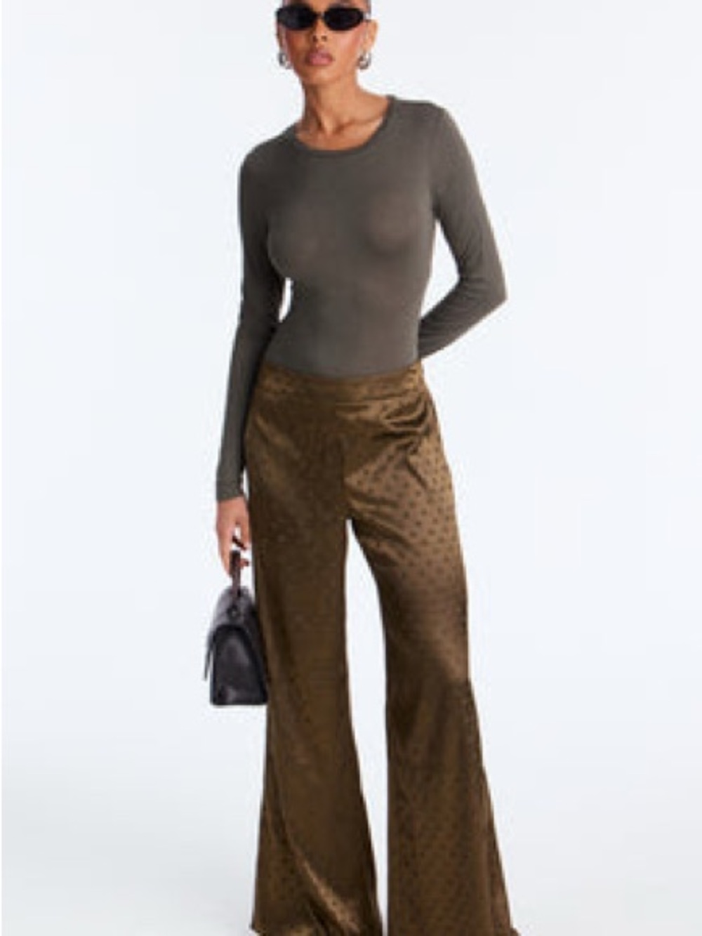 Fashion Nova Olive/ Brown Satin Flare Pants